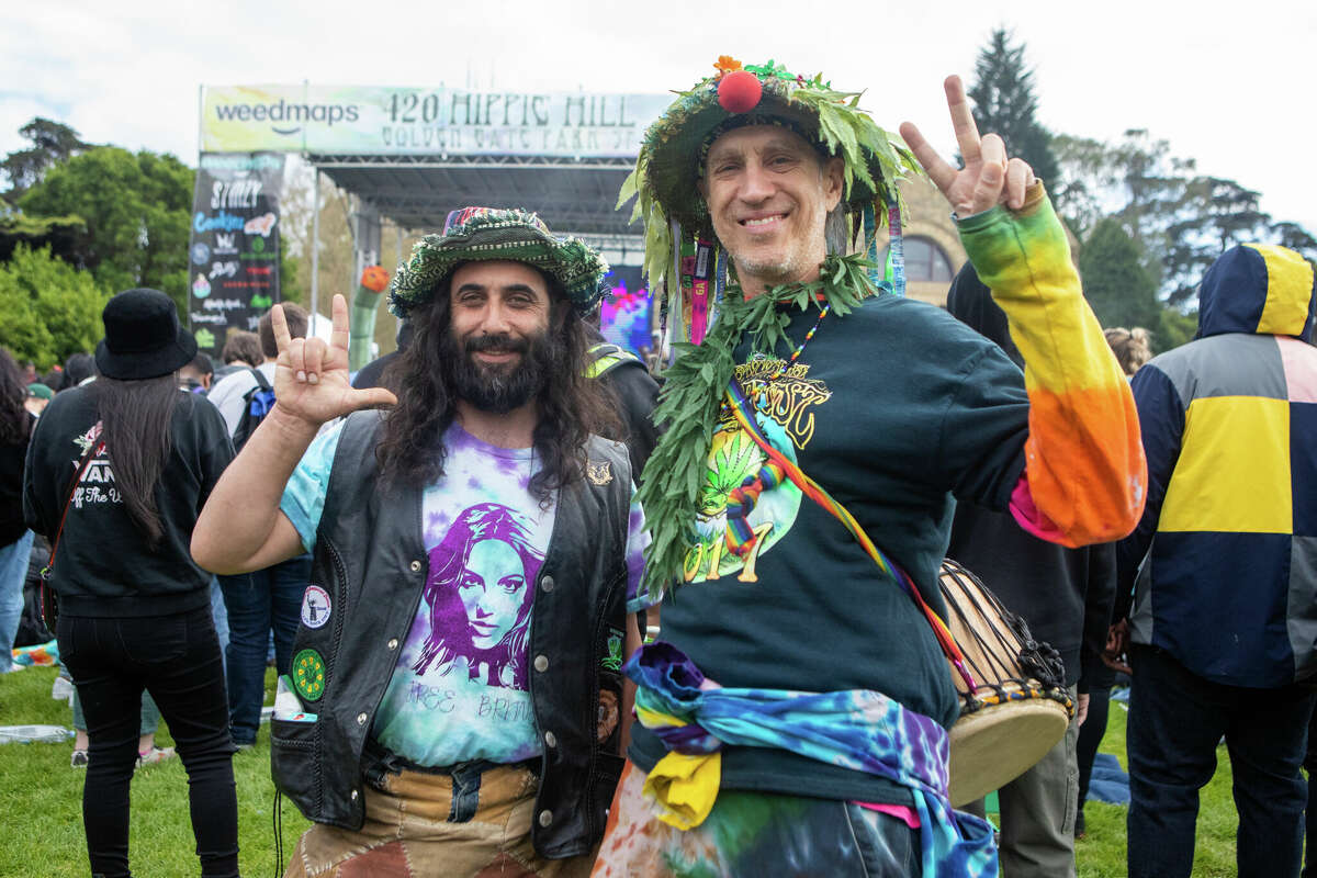 (Left to right) Adam Buxbaum and Dan Laughlin at the 420 Hippie Hill event in Golden Gate Park in San Francisco, Calif.  on April 20, 2022.