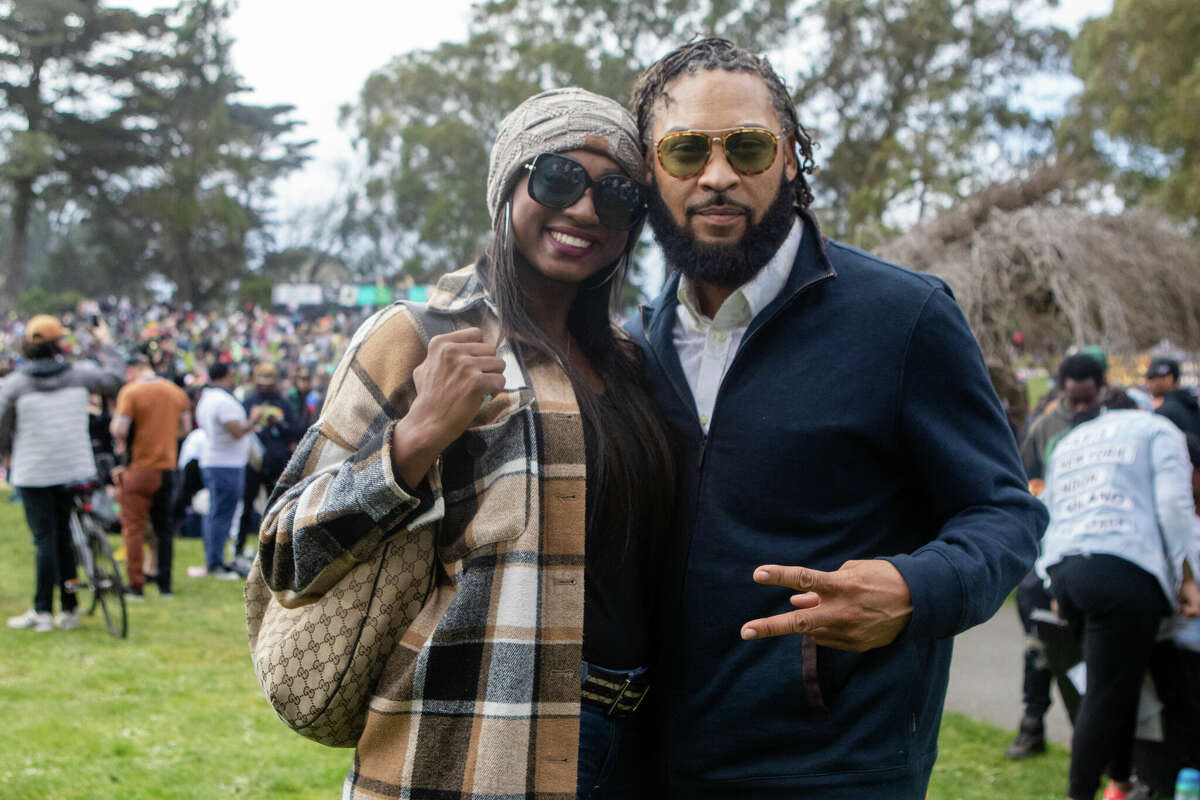 (Left to right) Allyah and Austin Powers at the 420 Hippie Hill event in Golden Gate Park in San Francisco, Calif.  on April 20, 2022.