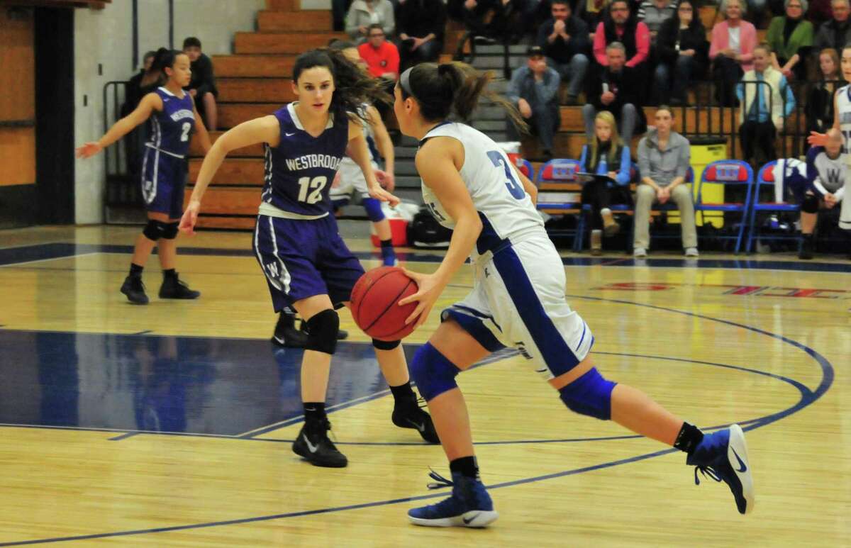Gyanna Russell drives against Westbrook during the Shoreline Conference semifinals Wednesday, Feb. 22 (Submitted photo)