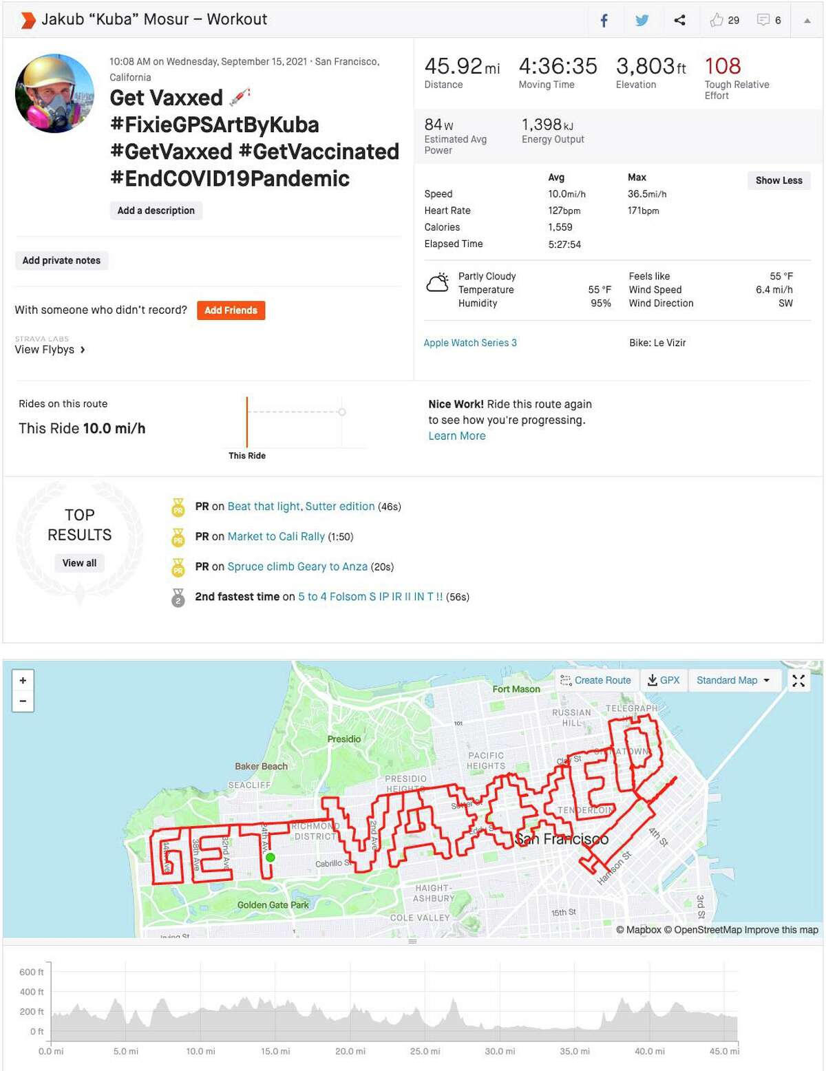 A sample of the "GPS art" that San Francisco resident Jakub "Kuba" Mosur has created. He is part of a community of local athletes who make "GPS art" by using software to record their movements as they cycle or run pre-planned routes.