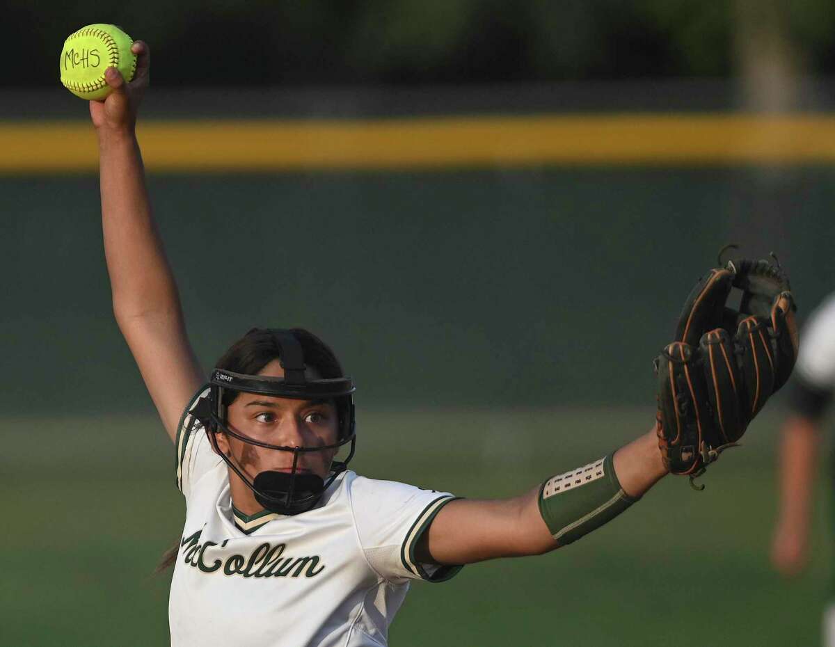 Dom Guerra of McCollum pitches enroute to a 10-0 no-hit victory against Floresville in softball action at the Tejeda Sports Complex on Wednesday, April 20, 2022.