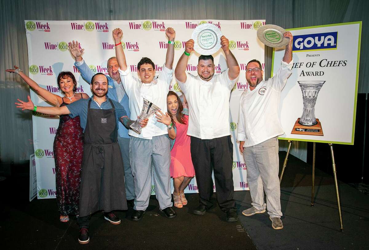 Winners of the chef competition at the 15th annual Wine & Food Week in the Woodlands in 2019. Pictured are Clifton and Constance McDerby; Brandon Silva, Wooster’s Garden, Grand Prize Winner of the Chef of Chef Awards presented by Goya; Jesse Cavazos, Nick's Fish Dive & Oyster Bar, 2nd Runner Up; and Carlos Ramos, Latin Bites, 1st Runner Up.