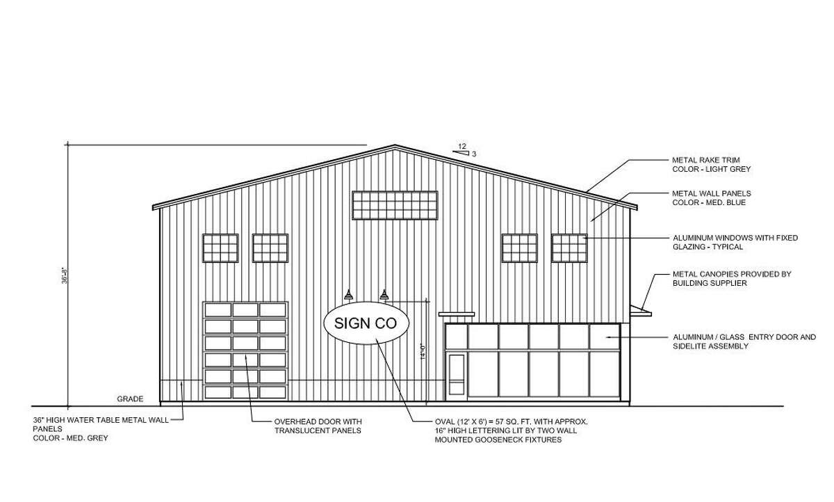 Architectural plans show the exterior of a recently-approved 10,000-square-foot warehouse and manufacturing facility.