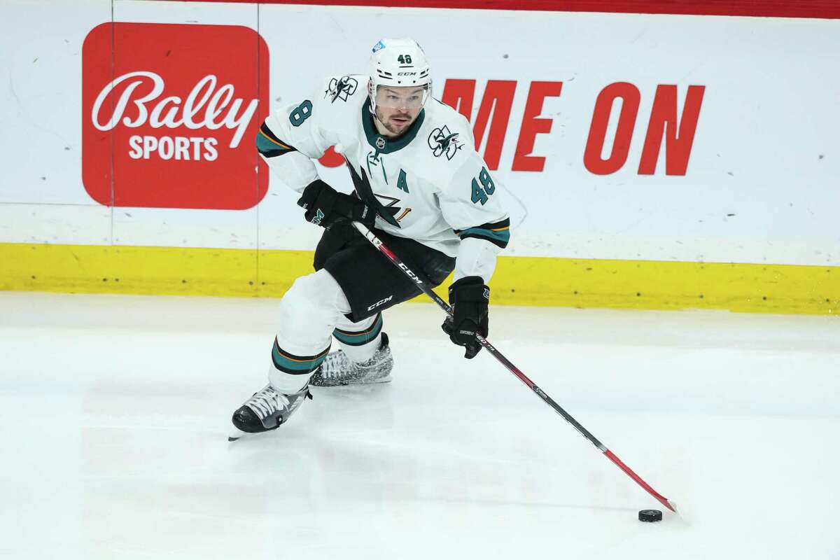 ST PAUL, MN - APRIL 17: Tomas Hertl #48 of the San Jose Sharks skates with the puck against the Minnesota Wild in the third period of the game at Xcel Energy Center on April 17, 2022 in St Paul, Minnesota. The Wild defeated the Sharks 5-4 and clinched a berth to the Stanley Cup Playoffs. (Photo by David Berding/Getty Images)