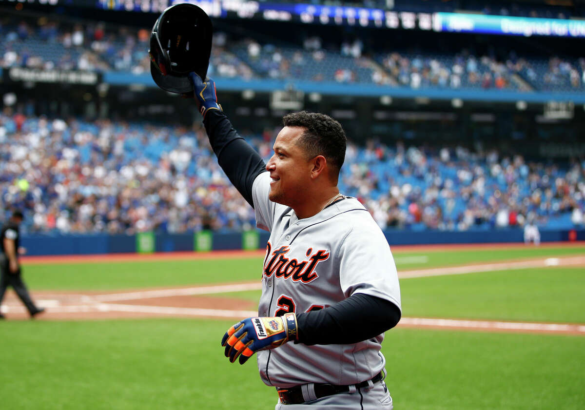 TORONTO, ON - AUGUST 22: Miguel Cabrera #24 of the Detroit Tigers celebrates after hitting his 500th career home run in the sixth inning during a MLB game against the Toronto Blue Jays at Rogers Centre on August 22, 2021 in Toronto, Ontario, Canada. (Photo by Vaughn Ridley/Getty Images)