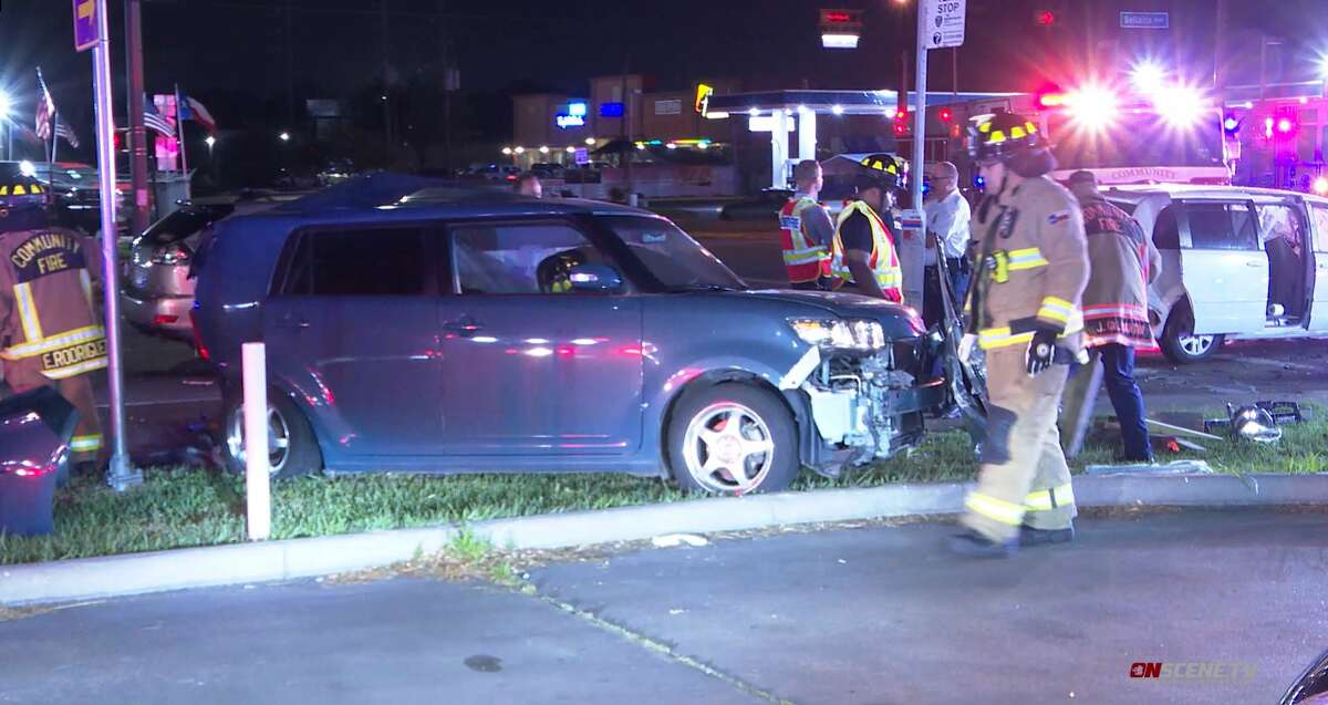 Harris County Sheriff's Office deputies investigate a pursuit that ended in the suspected driver causing a major accident which injured two people in southwest Houston on April 20, 2022.