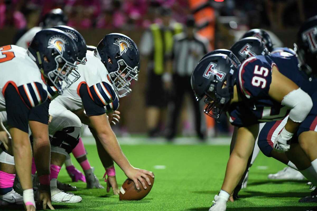 Seven Lakes and Tomkins line up against each other during a District 19-6A high school football game Friday, Oct. 22, 2021, at Rhodes Stadium in Katy, Texas.
