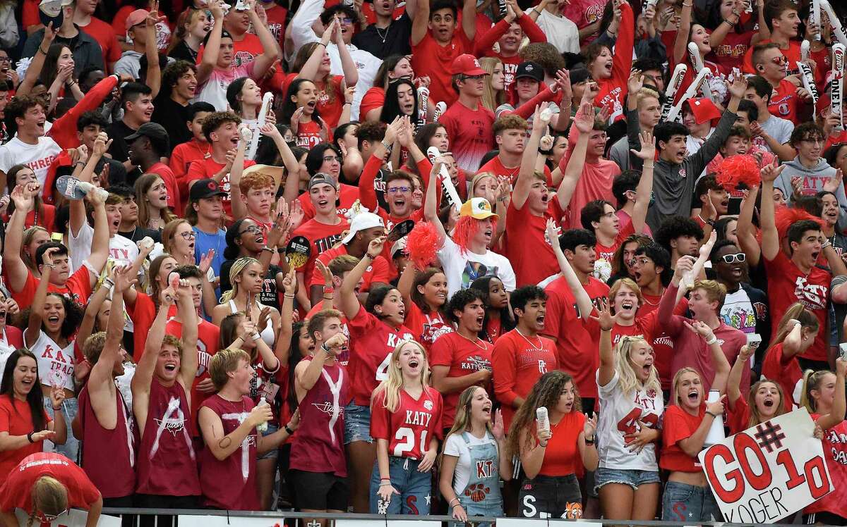 Katy fans cheer a Katy touchdown during the first half of a high school football game against Tompkins, Friday, Oct. 1, 2021, in Katy.
