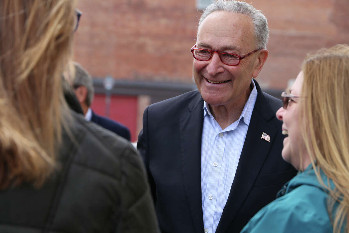U.S. Senate Majority Leader Charles Schumer makes an economic development funding announcement on April 21, 2022 in the city of Glens Falls. 
