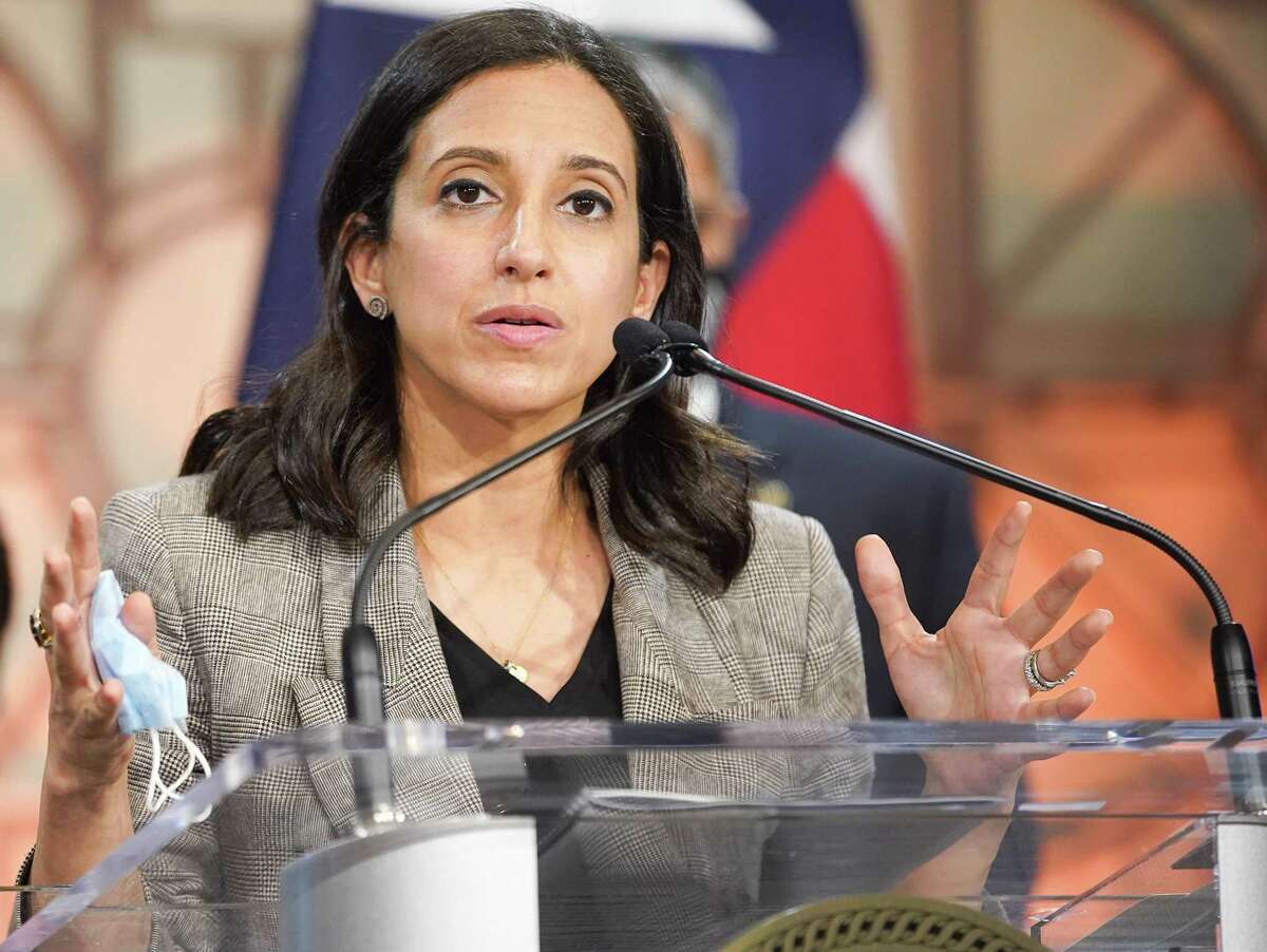 Rania Mankarious of Crime Stoppers of Houston talks to the media during a press conference at Houston City Hall on Wednesday, Feb. 2, 2022 in Houston.