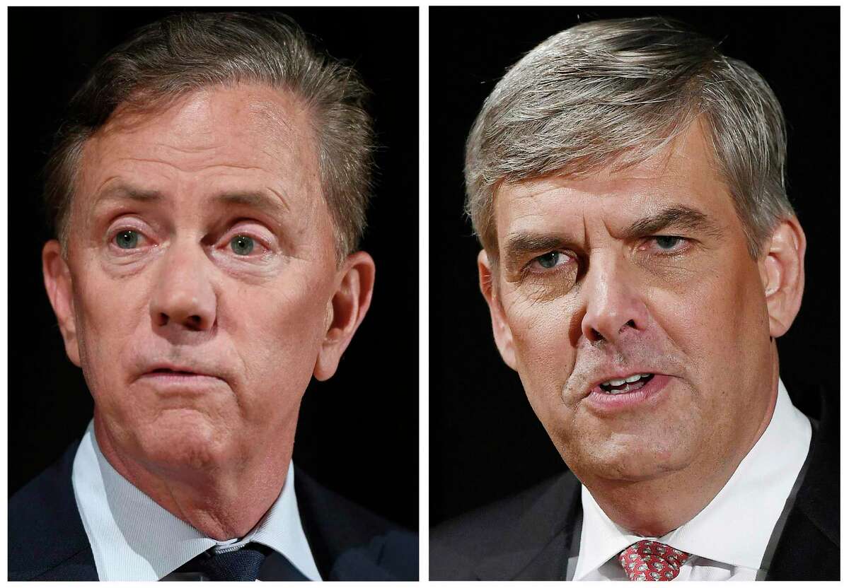 FILE - This pair of Sept. 26, 2018 file photos shows Democrat Party gubernatorial candidate Ned Lamont, left, and Republican Party gubernatorial candidate Bob Stefanowski after a debate at the University of Connecticut in Storrs, Conn. The two men will face off in the November general election. (AP Photo/Jessica Hill, File)