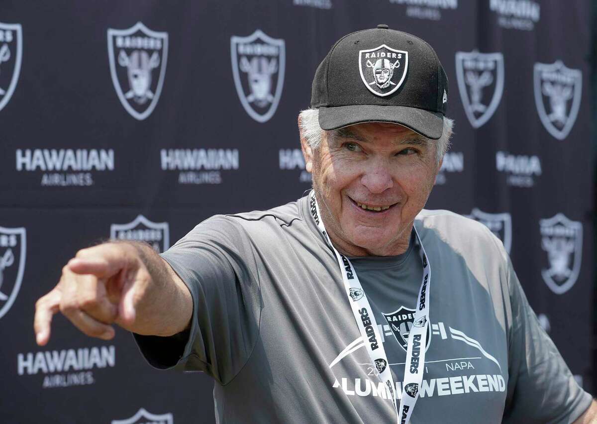 FILE - Former NFL football player Daryle Lamonica speaks at a news conference as part of Oakland Raiders alumni weekend after a Raiders NFL football practice in Napa, Calif., Saturday, July 28, 2018. Lamonica, the deep-throwing quarterback who won an AFL Player of the Year award and led the Raiders to their first Super Bowl appearance, has died. He was 80. The Fresno County Sherriff's said Lamonica passed away at his Fresno home on Thursday morning, April 21, 2022. (AP Photo/Jeff Chiu, File)