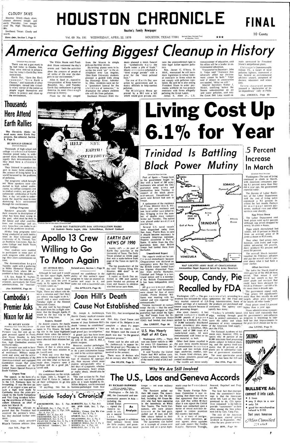 Houston Chronicle front page for April 22, 1970.