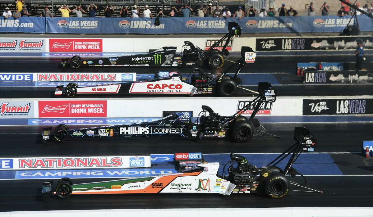 Boasting a combined 16 world championships, the four drivers in last week's NHRA Top Fuel final in Las Vegas were, from top, Brittany Force, Steven Torrence, Antron Brown, and Tony Schumacher. Force won the race.
