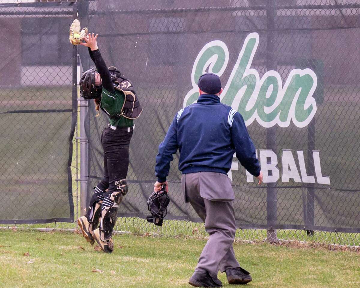 Shenendehowa catcher Heather Junjulas makes a play behind home plate during a Suburban Council matchup against Columbia at Shenendehowa High School in Clifton Park, NY, on Thursday, April 21, 2022. (Jim Franco/Special to the Times Union)