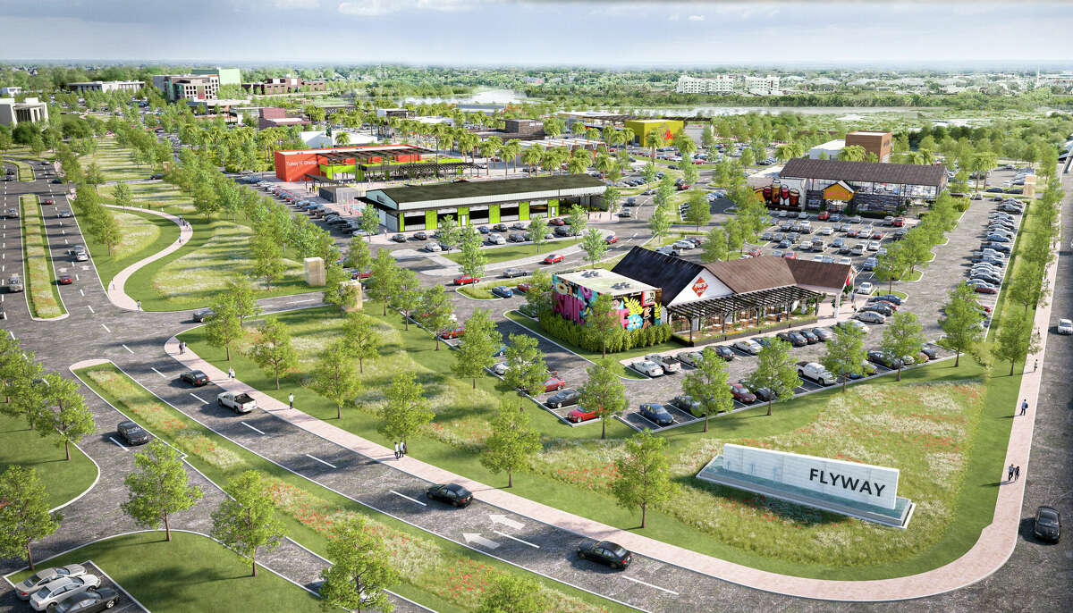 A rendering shows the planned Flyway Webster development, a sprawling cluster of restaurants and shops, in Webster, Texas.
