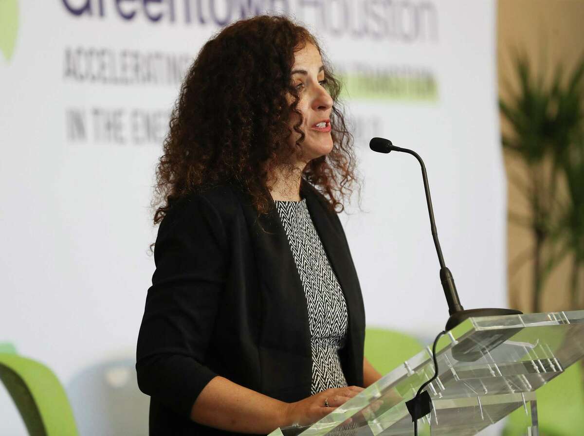 Julianna Garaizar, vice president of innovation at Greentown Labs, talks to attendees during Greentown Labs’ one-year anniversary celebration in Houston on Thursday, April 21, 2022. The largest energy tech and climate tech business incubator opened its second location in Houston on Earth Day 2021. Since then, it has grown from housing about 20 start ups to 60s and has attracted investment and curiosity in the Houston region.