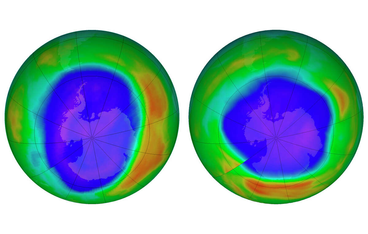 FILE - This combination of images made available by NASA shows areas of low ozone above Antarctica on September 2000, left, and September 2018. The purple and blue colors are where there is the least ozone, and the yellows and reds are where there is more ozone. With climate change, plastic pollution and a potential sixth mass extinction, humanity has made some incredible messes in the world. But when people, political factions and nations have pulled together, they have also cleaned up some of those human-caused environmental problems. (NASA via AP)
