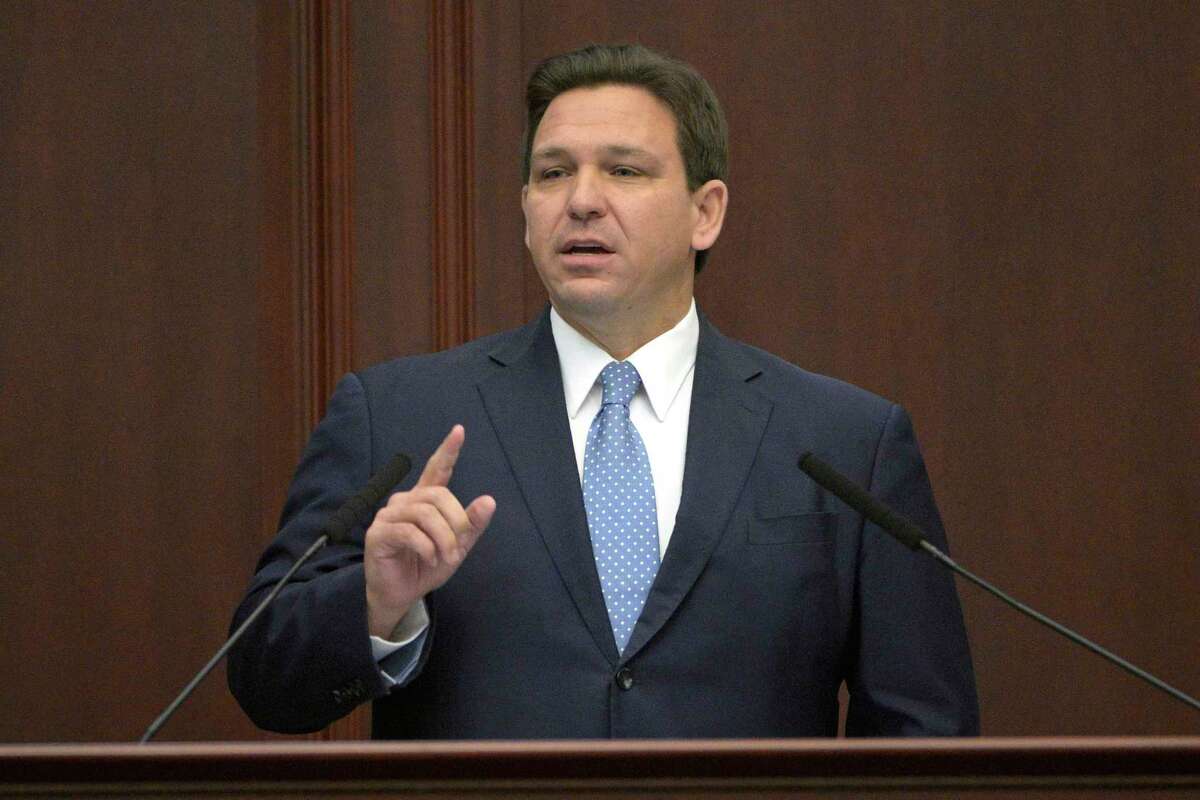 FILE - Florida Gov. Ron DeSantis addresses a joint session of a legislative session, Jan. 11, 2022, in Tallahassee, Fla. 