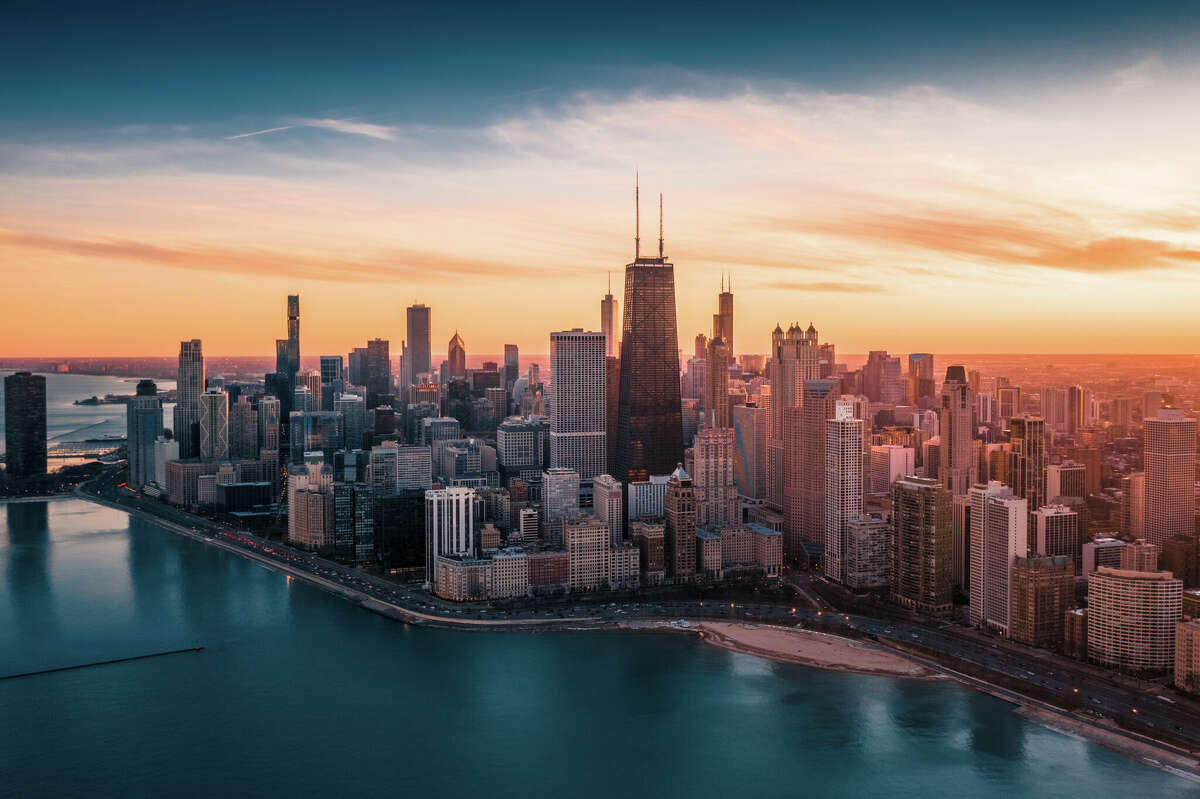 Aerial Dramatic View of Downtown Chicago at Sunset. 