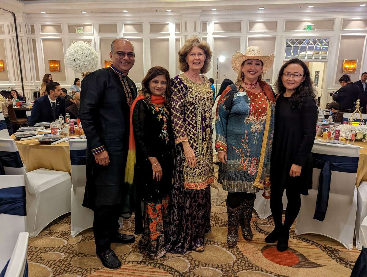 From left are Naushad Kermally, Narmin Kermally Carol McCutcheon, Jennifer Lane and Judy Dae. They joined others in Fort Bend County to celebrate the second annual interfaith Iftar with a dinner reception on Saturday, April 15, at the Sugar Land Marriott hotel.
