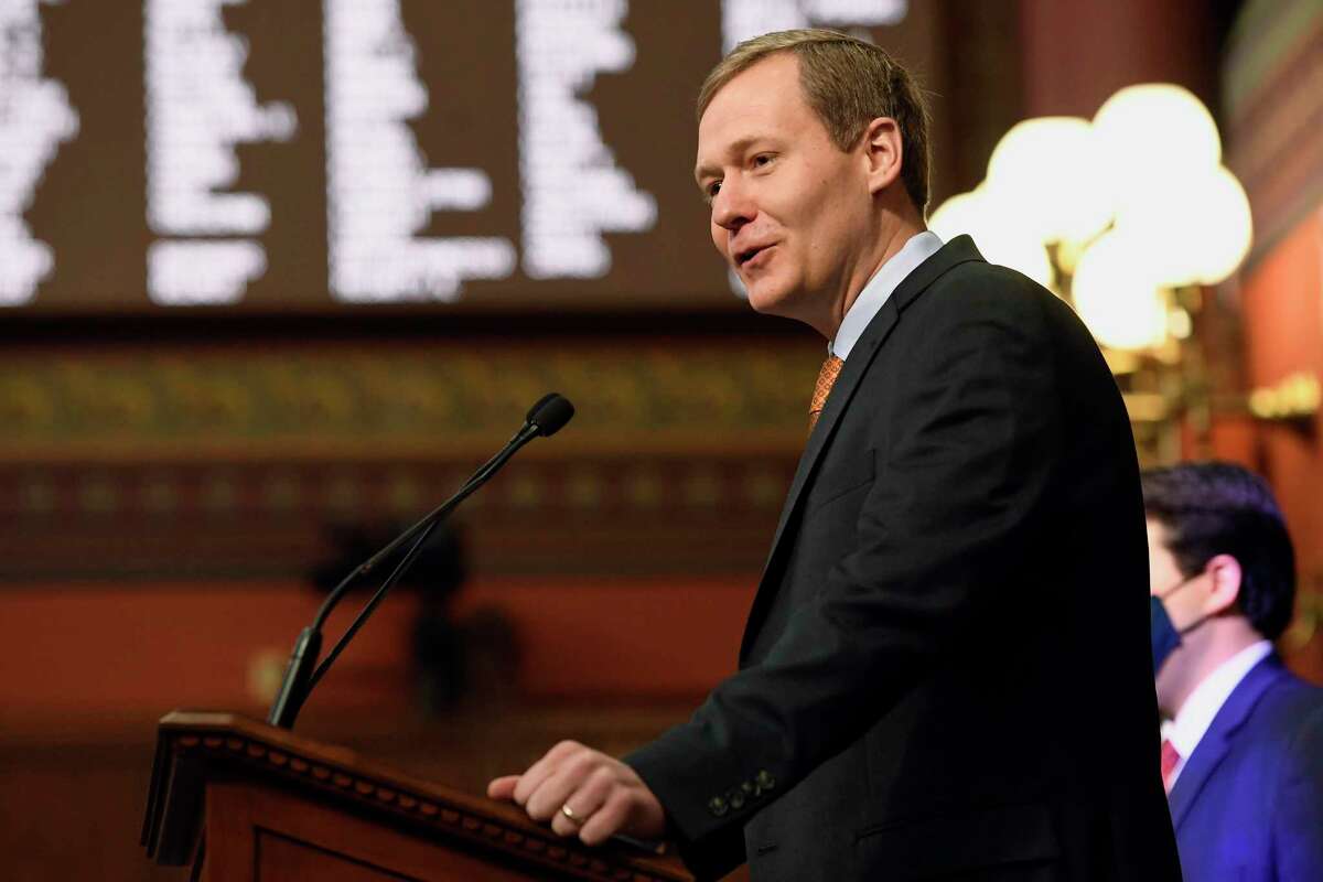 Connecticut Speaker of the House Matt Ritter speaks during opening session at the State Capitol, Wednesday, Feb. 9, 2022, in Hartford.