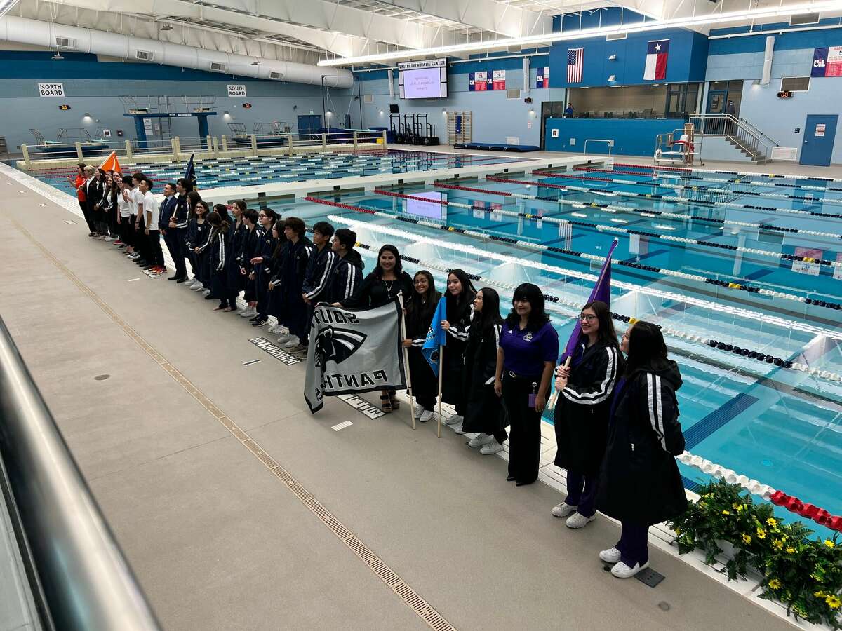 United ISD Swimming Teams salute guests at their new Aquatic Center. April 22, 2022.