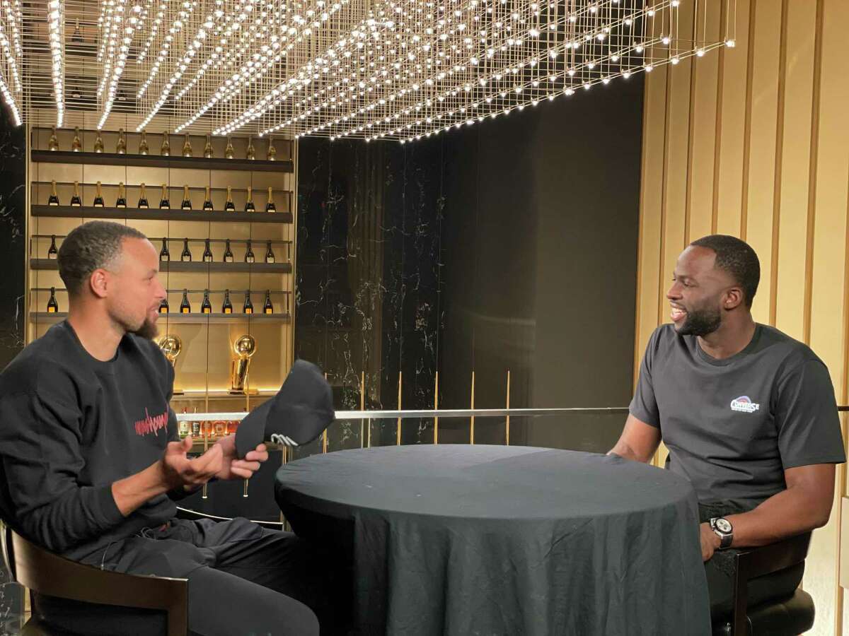 Draymond Green (right) speaks with Stephen Curry during an episode of “The Draymond Green Show” this month.