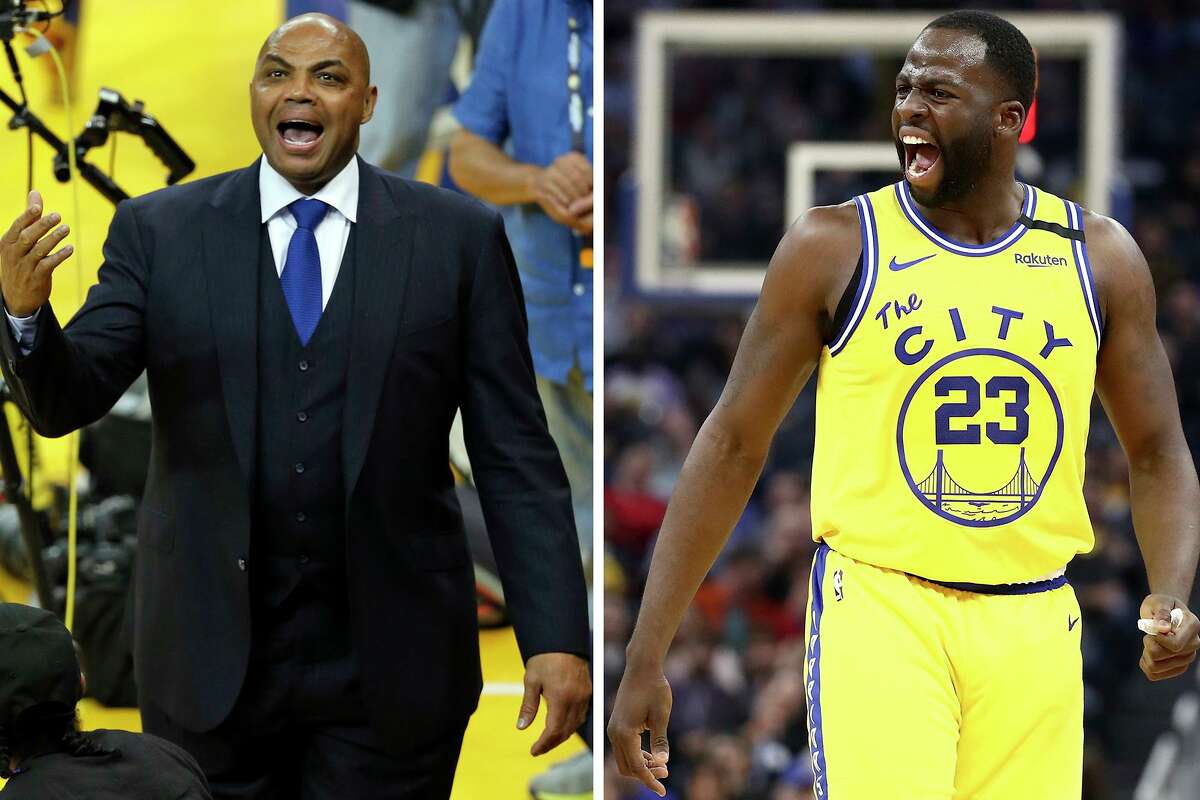 Left: TNT commentator Charles Barkley has a heated conversation with a heckler during the Western Conference Finals at Oracle Arena in Oakland in 2016. Right: Draymond Green of the Warriors argues with referee Tyler Ford during a game against the Los Angeles Lakers at Chase Center in 2020 in San Francisco.