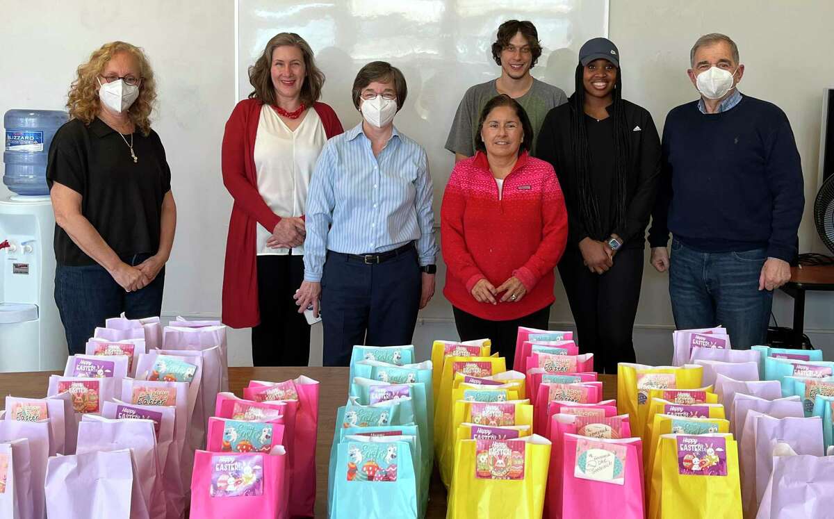 Members of the new Horseneck Chapter of the DAR recently visits Community Centers Inc. in Greenwich to help with the nonprofit’s Easter basket drive with a sweet donation of candy. From left: CCI Executive Director Gaby Rattner, Karen Shapiro, Wendy Dziurzynski, Wynn McDaniel, CCI social worker Matt Termini, CCI social worker Vanessa Cardinal and John Grasso, CCI high school coordinator.