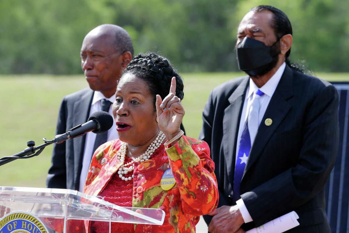 Rep. Sheila Jackson Lee gives remarks in front of Houston Mayor Sylvester Turner and Rep. Al Green during a press conference at the old Sunnyside landfill site to announce plans to convert it into one of the biggest solar farms in the country Friday, April 22, 2022 in Houston, Texas.