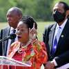 Rep. Sheila Jackson Lee gives remarks in front of Houston Mayor Sylvester Turner and Rep. Al Green during a press conference at the old Sunnyside landfill site to announce plans to convert it into one of the biggest solar farms in the country Friday, April 22, 2022 in Houston, Texas.