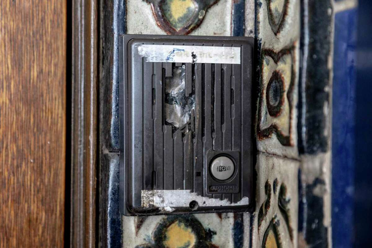 A vandalized intercom at the entrance to the Castro Theatre.