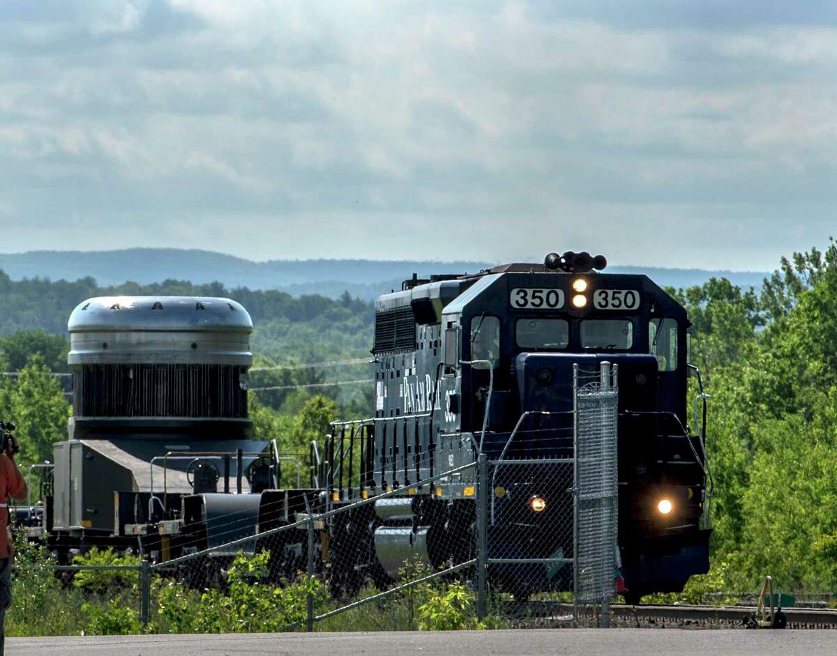 A Pan Am Railways locomotive in 2017 at a company railyard in upstate New York.