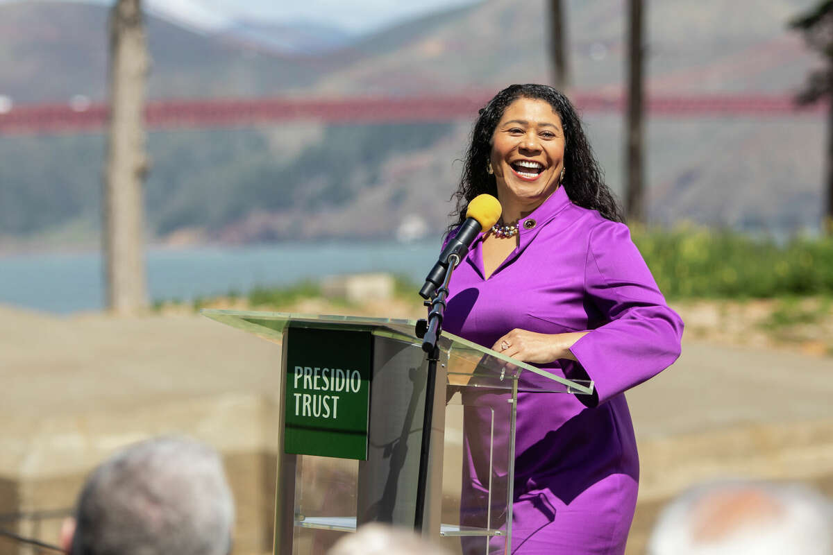 San Francisco Mayor London Breed speaks at the Battery Bluff opening celebration. The Presidio Trust held a preview event for the recently completed Battery Bluff site on a hillside above one of the tunnels of the Presidio Parkway on April 22, 2022.