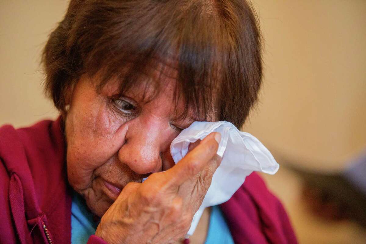 Melissa Lucio’s mother Esperanza Treviño wipes her eyes as she prays the Rosary for her daughter who is a death row inmate, Friday, April 22, 2022, in Harlingen.