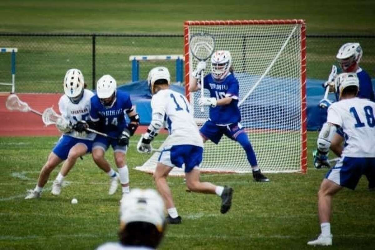 South Glens Falls goalie Brady Dennis watches the action in front of his goal. South Glens Falls topped Queensbury, 9-8 in a battle of unbeaten teams in the Foothills Council in Queensbury on Thursday, April 21, 2022. (Photo provided by South Glens Falls Athletics)