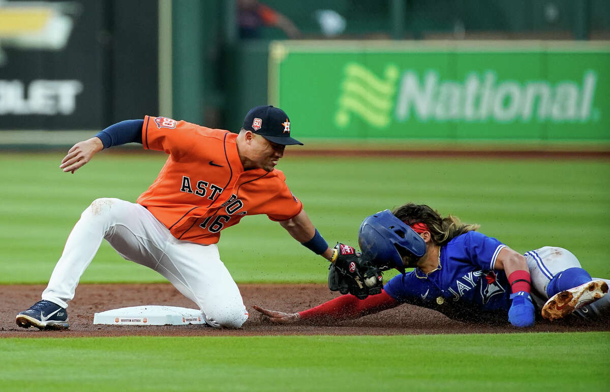 Aledmys Diaz, making a play at second earlier this season, has played five positions for the Astros.