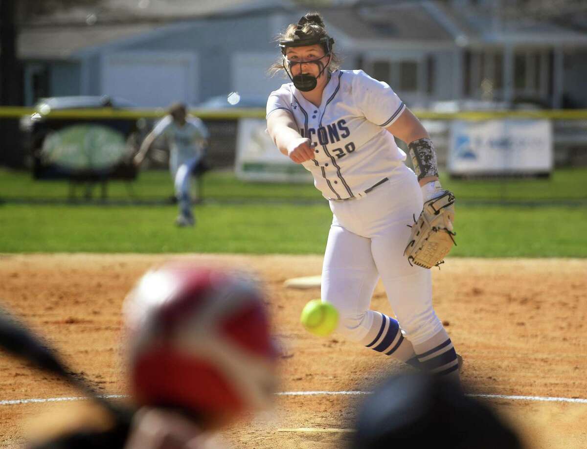 Fairfield Ludlowe pitcher Anna Gedact delivers to the plate during her team's FCIAC girls softbal game with Darien at Sturges Park in Fairfield, Conn., on Friday, April 22, 2022.