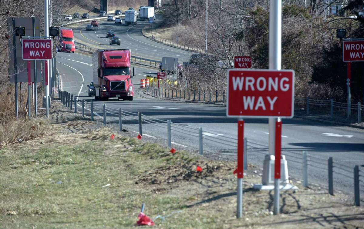 Warning lights have been installed along the Interstate 84 westbound Exit 8 off-ramp in Danbury as part of an effort to combat wrong-way driving. The roughly $250,000 project is part of an initiative by the state Department of Transportation to upgrade and standardize traffic signs and pavement markings. New technology is being installed near the ramp to detect drivers heading onto I-84 in the wrong direction and activate flashing lights to get their attention. Wednesday, January 29, 2020, in Danbury, Conn.