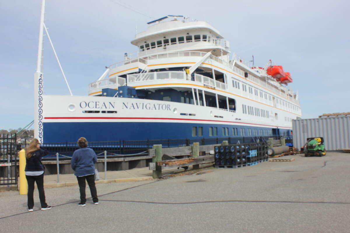 People came to New London's City Pier to look at the American Queen Voyages cruise ship Ocean Navigator on April 18, 2022. 