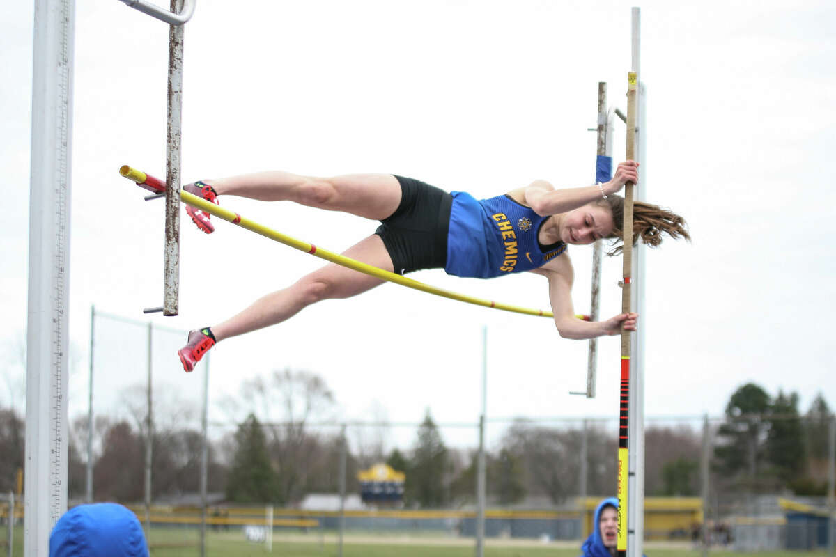 Midland's Olivia McMath competes in a Pole Vault during the Graves/Swayze Relays Friday, April 22, 2022 at Midland High School.