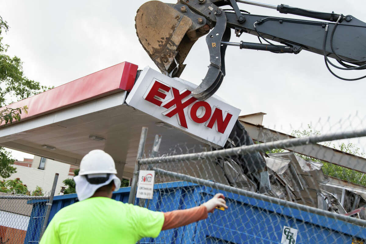 An Exxon station is demolished at North Capitol Street and Florida Avenue, NE, in the Noma neighborhood of Washington, D.C. on Wednesday, August 18, 2021. (Photo By Tom Williams/CQ-Roll Call, Inc via Getty Images)