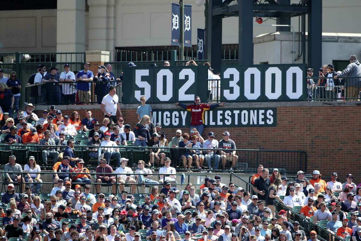 DETROIT, MICHIGAN - APRIL 23: A sign shows 502 home runs and 3000 hits after Miguel Cabrera #24 of the Detroit Tigers hit a single, the 3000th hit of his career, during the first inning in Game One of a doubleheader against the Colorado Rockies at Comerica Park on April 23, 2022 in Detroit, Michigan.