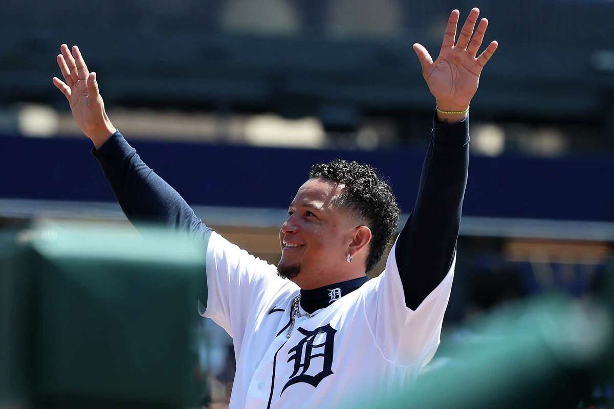 DETROIT, MICHIGAN - APRIL 23: Miguel Cabrera #24 of the Detroit Tigers acknowledges the crowd after the 3000th hit of his career during the first inning in Game One of a doubleheader against the Colorado Rockies at Comerica Park on April 23, 2022 in Detroit, Michigan.