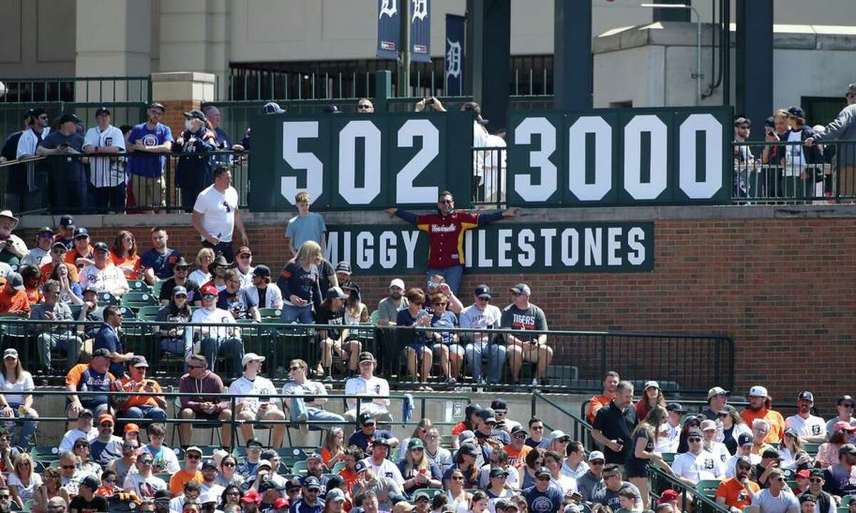 DETROIT, MICHIGAN - APRIL 23: A sign shows 502 home runs and 3000 hits after Miguel Cabrera #24 of the Detroit Tigers hit a single, the 3000th hit of his career, during the first inning in Game One of a doubleheader against the Colorado Rockies at Comerica Park on April 23, 2022 in Detroit, Michigan. (Photo by Katelyn Mulcahy/Getty Images)