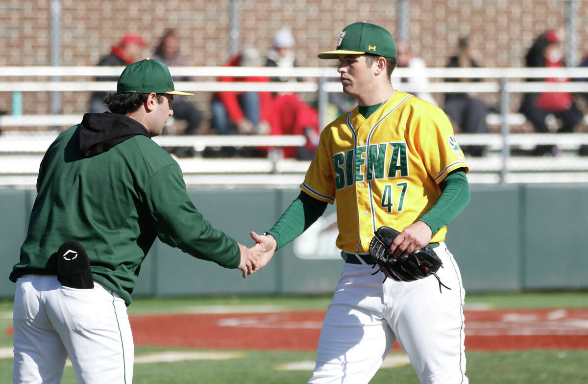 Siena left-hander Ben Seiler, right, struck out 19 Niagara batters on Saturday, April 23, 2022, to set the high mark for NCAA baseball on the season.
