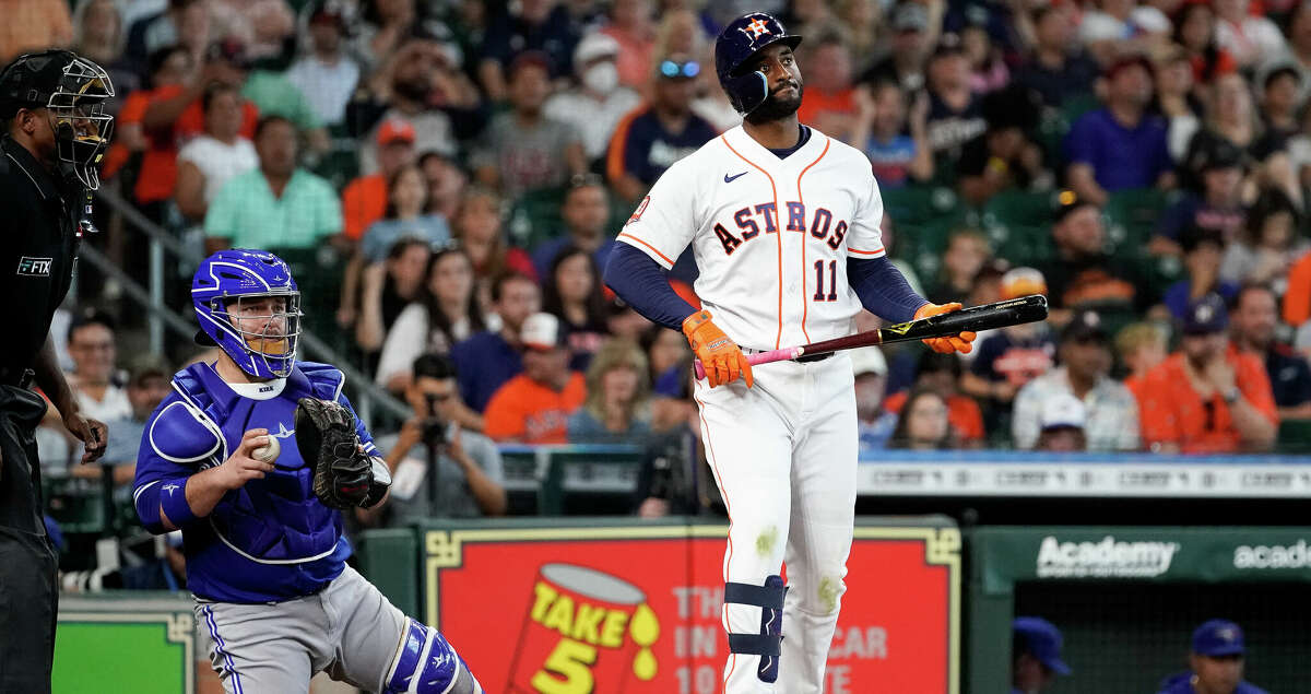 Houston Astros second baseman Niko Goodrum (11) reacts after striking out against the Toronto Blue Jays during the ninth inning of an MLB game at Minute Maid Park on Saturday, April 23, 2022, in Houston.