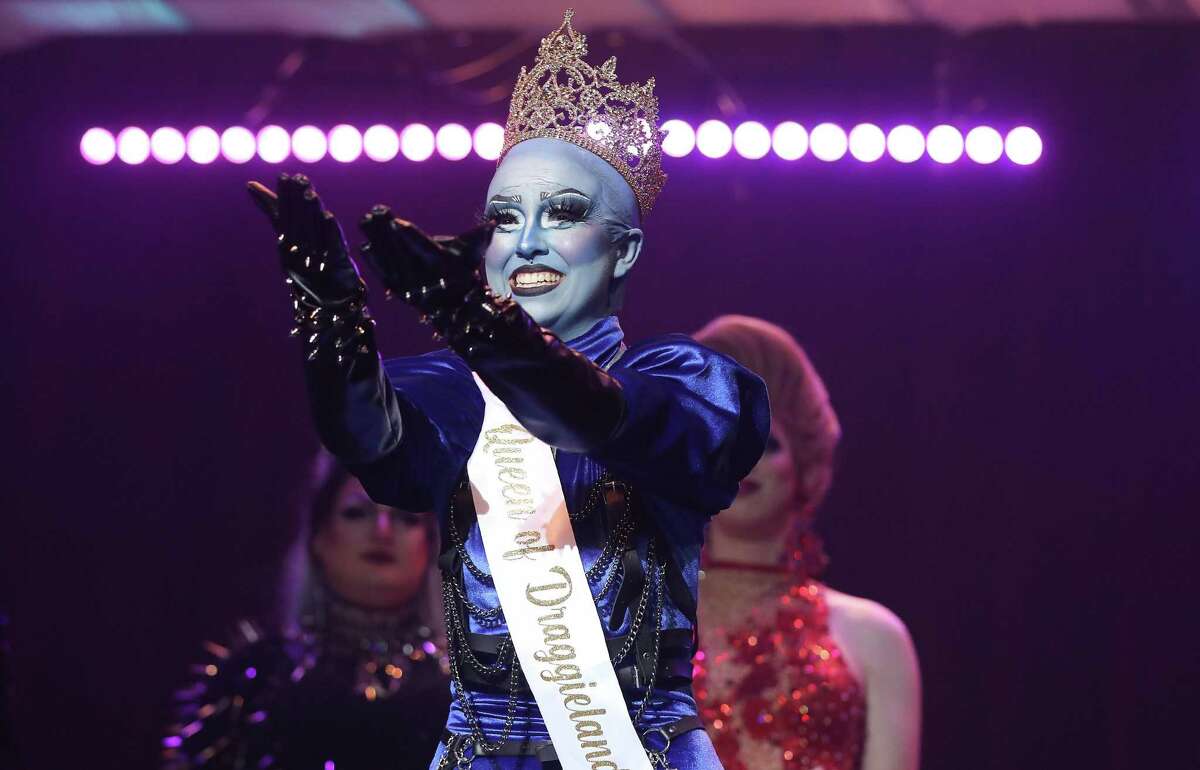 Performer Jessy B. Darling reacts after being crowned 2022 Queen of Draggieland, at Rudder Theatre at Texas A&M University on Monday, April 18, 2022. A&M pulled funding from an annual drag show on campus, so several LGBT groups banded together over several months to plan and find funding for the event. This is one of several unilateral decisions A&M administrators made this academic year, much to the chagrin of impacted student groups.