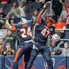 Albany Empire receiver/defensive back Arthur Dobbs (No. 24) and lineman Nick Haag celebrate a touchdown against the Carolina Cobras during a National Arena League game at the MVP Arena in Albany, NY, on Saturday, April 23, 2022. (Jim Franco/Special to the Times Union)